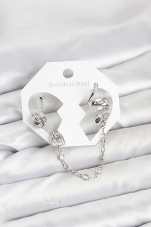 Pirinç Gümüş Renk Yılan Model Zincir Bağlantılı Ear Cuff Küpe Seti