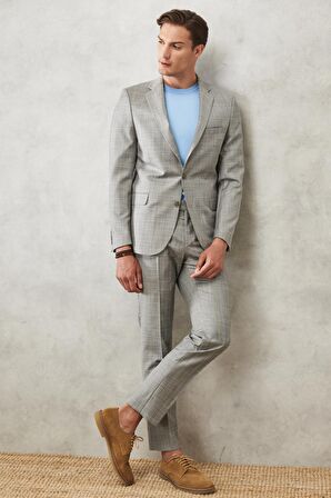 Erkek Gri-mavi Ekstra Slim Fit Dar Kesim Mono Yaka Kareli Klasik Takım Elbise