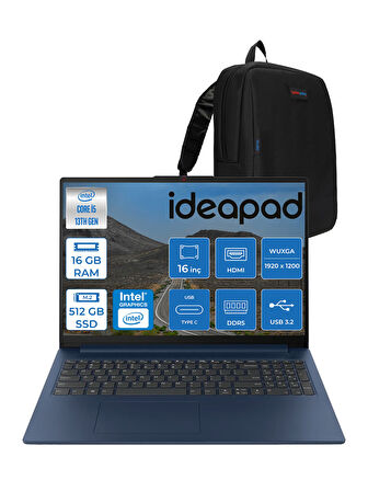 Lenovo Ideapad Slim 3 16IRH10 Intel Core I5 13420H 16GB 512GB SSD Freedos 16" Wuxga (1920X1200) IPS 300NITS Taşınabilir Bilgisayar 83K2001RTRF01 + Zetta Çanta