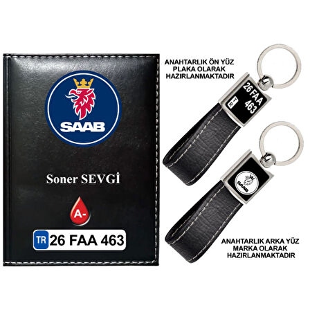 Plakanıza Özel Saab Logolu Siyah Ruhsat Kabı ve Anahtarlık