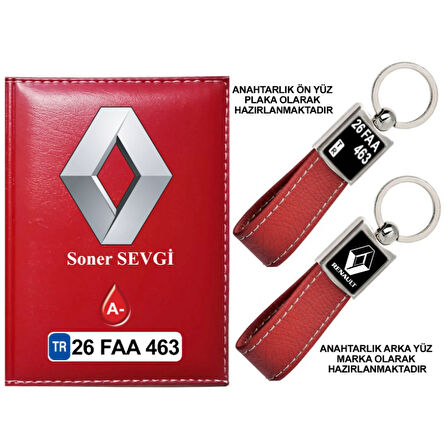 Plakanıza Özel Renault Logolu Kırmızı Ruhsat Kabı ve Anahtarlık