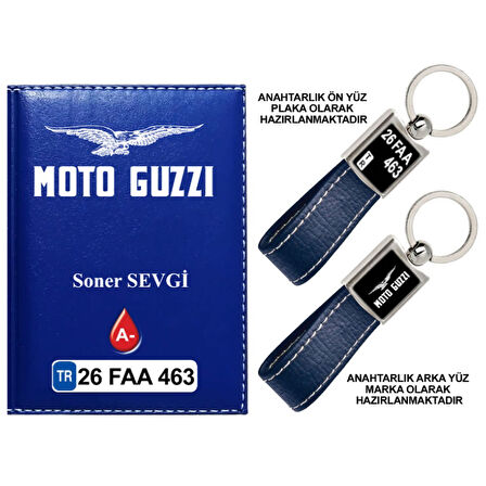 Plakanıza Özel Motoguzzi Logolu Lacivert Ruhsat Kabı ve Anahtarlık