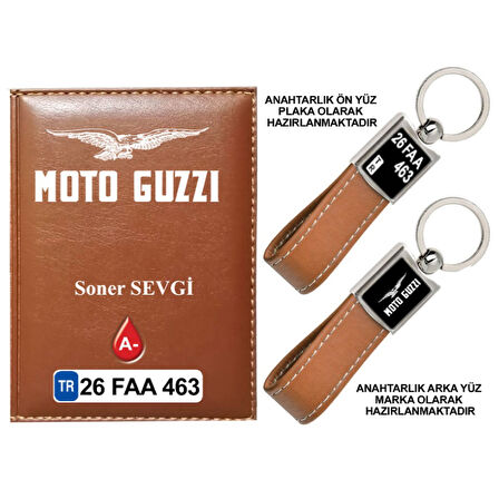 Plakanıza Özel Motoguzzi Logolu Taba Ruhsat Kabı ve Anahtarlık