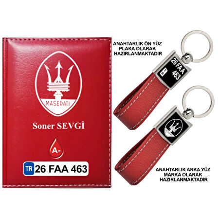 Plakanıza Özel Maserati Logolu Kırmızı Ruhsat Kabı ve Anahtarlık
