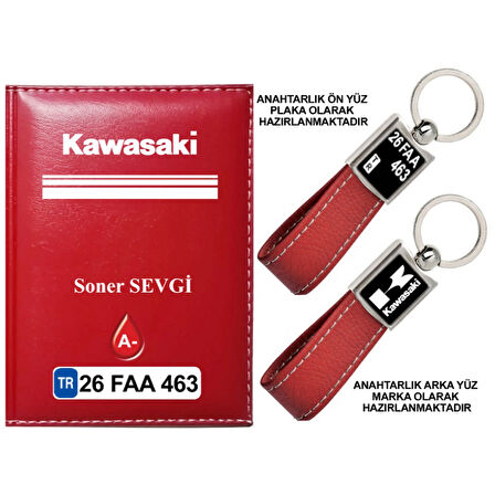 Plakanıza Özel Kawasaki Logolu Kırmızı Ruhsat Kabı ve Anahtarlık