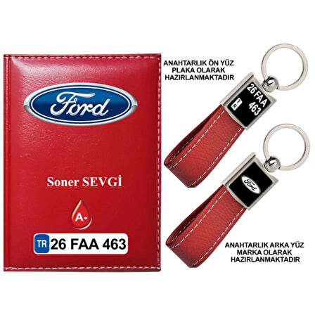 Plakanıza Özel Ford Logolu Kırmızı Ruhsat Kabı ve Anahtarlık