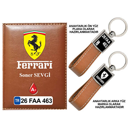 Plakanıza Özel Ferrari Logolu Taba Ruhsat Kabı ve Anahtarlık