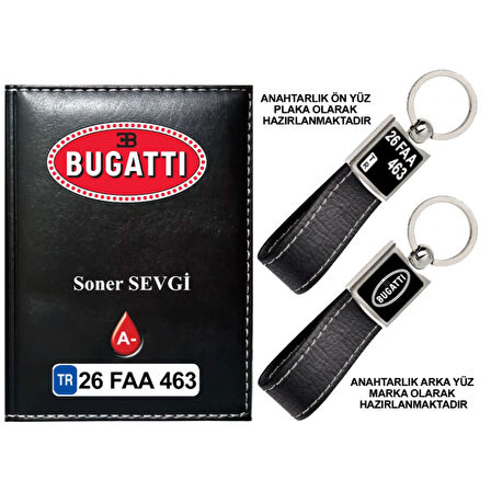 Plakanıza Özel Bugatti Logolu Siyah Ruhsat Kabı ve Anahtarlık
