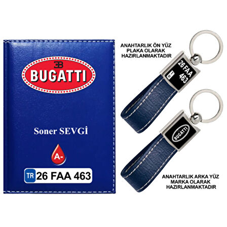 Plakanıza Özel Bugatti Logolu Lacivert Ruhsat Kabı ve Anahtarlık