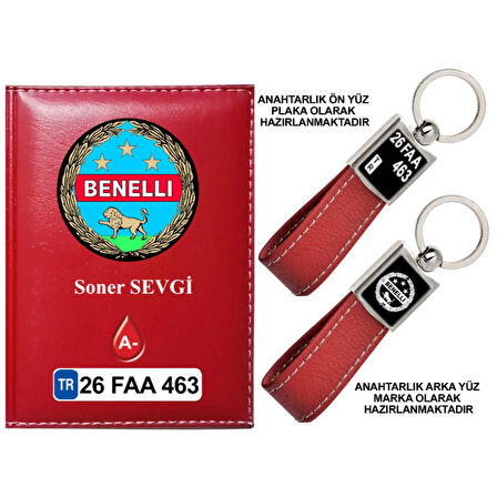 Plakanıza Özel Benelli Logolu Kırmızı Ruhsat Kabı ve Anahtarlık