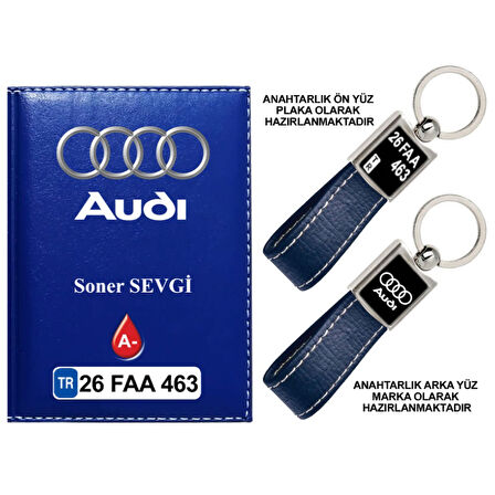 Plakanıza Özel Audi Logolu Lacivert Ruhsat Kabı ve Anahtarlık