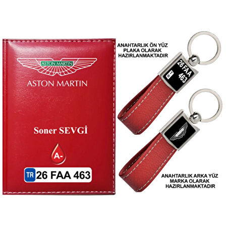 Plakanıza Özel Aston Martin Logolu Kırmızı Ruhsat Kabı ve Anahtarlık
