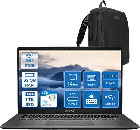 Msı Modern 14 Intel Core I7 1355U 32GB 1tb SSD Iris Xe Graphics Freedos 14" IPS Fullhd (1920*1080) Taşınabilir Bilgisayar F13MG257XTRF18 + Zetta Çanta