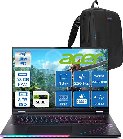 Acer Predator PH18-73 Intel Core Ultra 9 275HX 48GB 8tb Freedos 16GB RTX5080 18'' WQXGA(2560 x 1600) IPS 250HZ Taşınabilir Bilgisayar NHQVZEY001F12 + Zetta Çanta