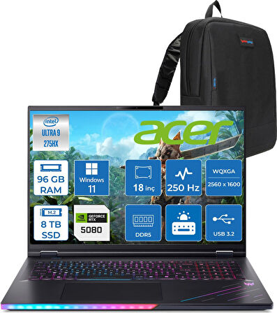 Acer Predator PH18-73 Intel Core Ultra 9 275HX 96GB 8tb Windows 11 Pro 16GB RTX5080 18'' WQXGA(2560 x 1600) IPS 250HZ Taşınabilir Bilgisayar NHQVZEY001P30 + Zetta Çanta