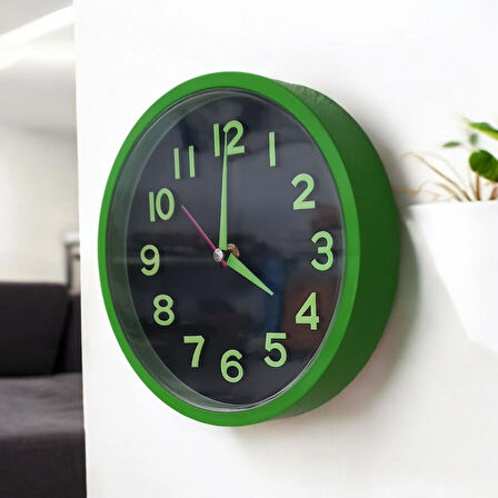 Fosforlu Kabartma Rakam Yeşil Siyah Küçük Duvar Saati Çap 22 cm