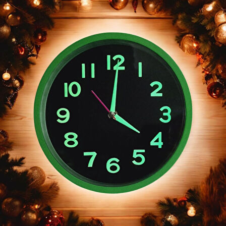 Fosforlu Kabartma Rakam Yeşil Siyah Küçük Duvar Saati Çap 22 cm
