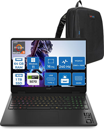 Hp Omen 16-AP0014NT Amd Ryzen 9 8940HX 64GB Ddr5 1tb SSD RTX5070 8gb Gddr7 16 Inç Wqxga (2560 x 1600) 240Hz 500NITS IPS Windows 11 Pro Taşınabilir Bilgisayar C12CJEAP32 + Zetta Çanta