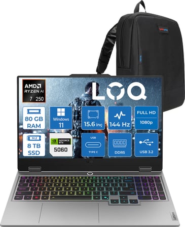 Lenovo Loq 15AHP10 Amd Ryzen 7 250 80GB Ddr5 8tb SSD Windows 11 Pro RTX5060 8gb 100W 15.6" Fhd (1920X1080) IPS 300NITS 144Hz Gaming Laptop 83JG006ETRP49 + Zetta Çanta