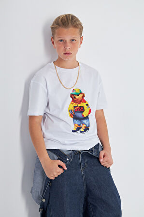 Teddy Bear Snow Beach  Baskılı %100 Pamuk Erkek Oversize Çocuk Tişört