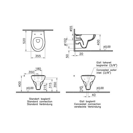 Vitra Arkitekt Open Rim Beyaz Asma Klozet 5959L003-0850, Vitra Gömme Rezervuar Set 768-1851