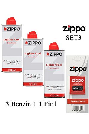 Zippo Çakmak ikmal Seti 3 Bidon Benzin 1 Fitil Set3