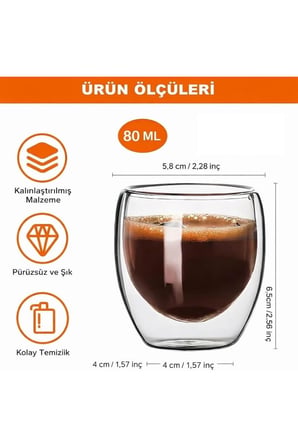 4’lü Espresso Bardağı 80 ml Kahve Bardağı Çift Cidarlı Bardak