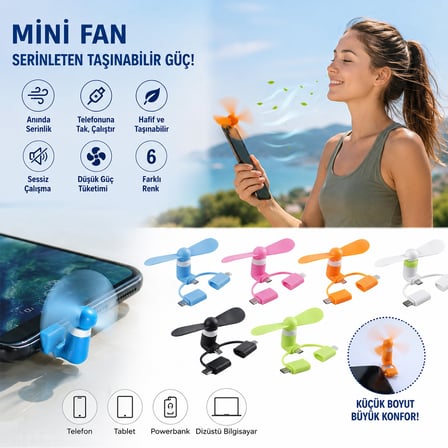 Mini Telefon Fanı - Lightning ve USB Type-C Uyumlu