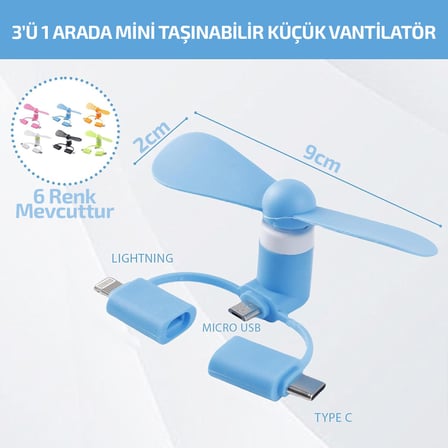 Mini Telefon Fanı - Lightning ve USB Type-C Uyumlu