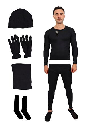 Siyah Termal Içlik Takımı Polar Bere Boyunluk Eldiven Havlu Çorap Seti - Asker Malzemeleri