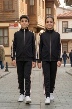 Unisex Çocuk Dik Yaka Üç Şeritli Şardonlu Dalgıç Eşofman Takımı