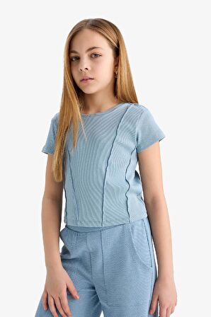 DeFacto Kız Çocuk Slim Fit Dar Kesim Bisiklet Yaka Basic Düz Ribana Kısa Kollu Tişört C0104A825SMBE760