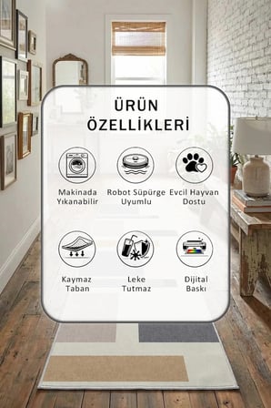 Dijital Baskılı Kaymaz Yıkanabilir Yolluk - Leke Tutmaz Açık Gri