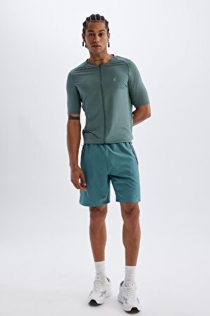 DeFactoFit Slim Fit Dar Kesim Bisiklet Yaka Fermuarlı Ağır Kumaş Sporcu Kısa Kollu Tişört B5144AX24SPGN1191