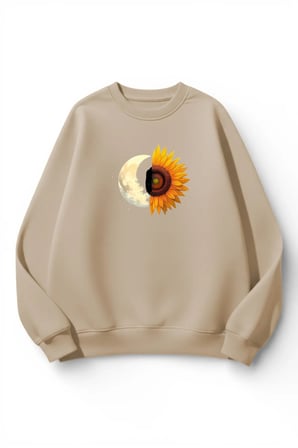 Unisex Yumuşak Dokulu Ay ve Papatya Baskılı Tasarım Oversize 3 İplik Bisiklet Yaka Sweatshirt