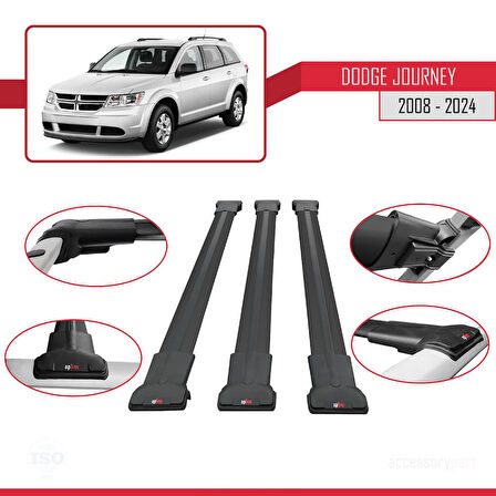 Dodge Journey 2008 ve Sonrası ile Uyumlu FLY Model Ara Atkı Tavan Barı Siyah 3 Adet