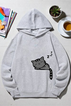 Unisex Uyuyan Kedi Baskılı kapüşonlu Sweatshirt
