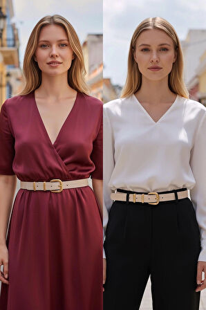 Çift Gold Köprülü Ekru Kadın Kemer