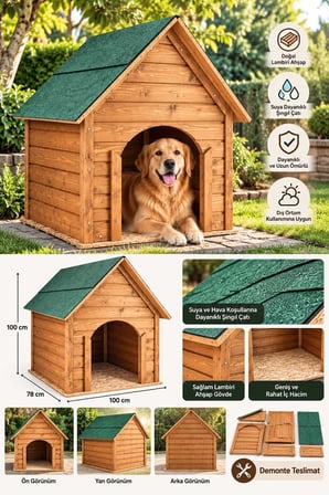 Reyo 100x100x78 cm Büyük Boy Köpek Kulübesi, Lambiri Ahşap Şıngıl Çatılı Soğuk ve Rüzgara Dayanıklı Köpek Evi (Demonte)