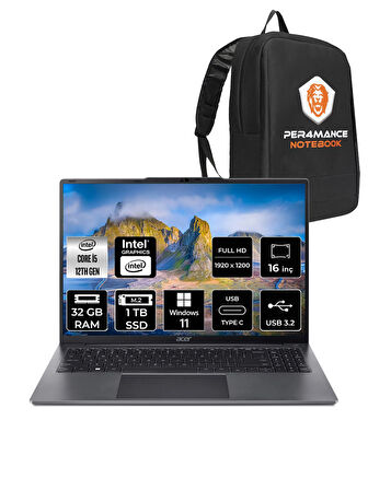 ACER Aspire Lite i5 1235U 32GB DDR5 1TB SSD 16'' WUXGA W11P Taşınabilir Bilgisayar & PER4 ÇANTA