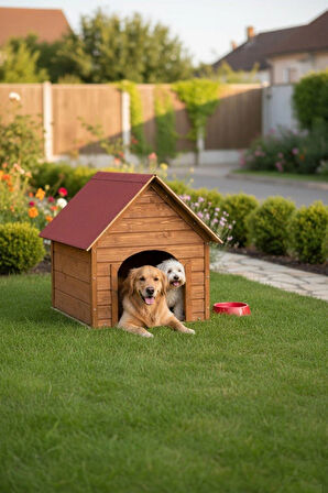 Reyo Pet Suya Soğuğa Dayanıklı Lüks Büyük Boy Ahşap Köpek Kulubesi Sokak Köpek Evi Kırmızı Çatılı 100x100x78 cm Ceviz