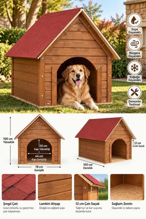 Reyo 100x100x78 cm Büyük Boy Köpek Kulübesi, Lambiri Ahşap Şıngıl Kırmızı Çatılı Soğuk ve Rüzgara Dayanıklı Köpek Evi (Demonte)