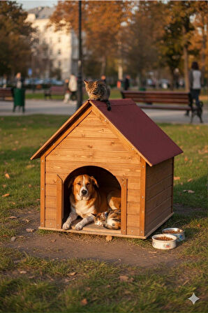 Reyo Pet Suya Soğuğa Dayanıklı Lüks Büyük Boy Ahşap Köpek Kulubesi Sokak Köpek Evi Kırmızı Çatılı 100x100x78 cm Ceviz
