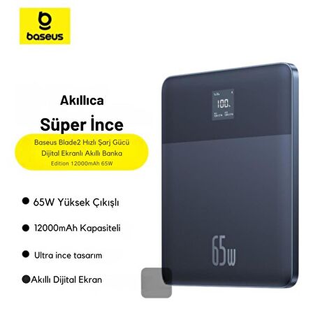 Baseus Süper İnce 65W 12000mAh Taşınabilir Şarj Cihazı Powerbank, Dijital Göstergeli, Akım ve Isı Korumalı