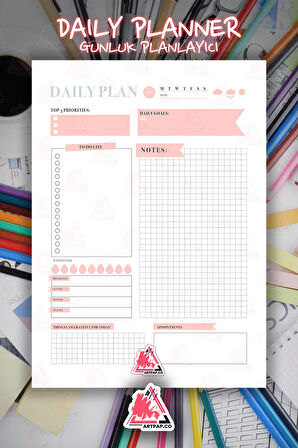 Daily Planner Note | Günlük Hatırlatıcı Planlayıcı, Haftalık Ajanda, Aylık Defter | A5 50Syf 15*21cm