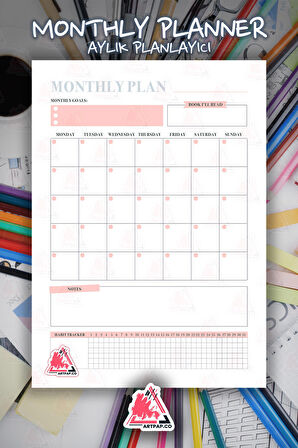 Monthly Planner Note | Aylık Hatırlatıcı Planlayıcı, Haftalık Ajanda, Aylık Defter | A5 50Syf 15*21cm