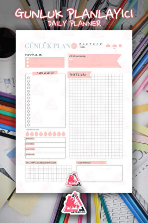 Günlük Planlayıcı Hatırlatıcı | Daily Planner Note, Haftalık Ajanda, Aylık Defter | A5 50Syf 15*21cm