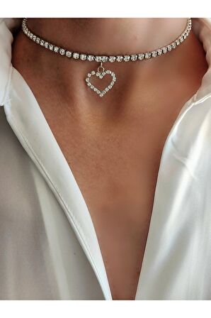 Kristal Taşlı Kalp Love Beyaz Gümüş Renkli Choker Kolye