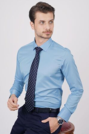 Gömlek Kravat Seti ( Lacivert Turuncu Desenli Kravat&Şeker Mavisi Saten Slimfit Gömlek)