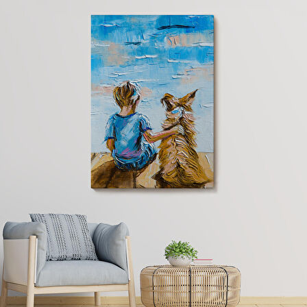 Göl Kenarında Oturan Çocuk ve Köpeği Duvar Tablo-5984